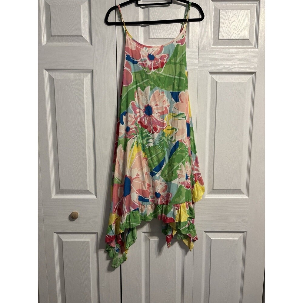 NWT Top it off Floral Asymmetrical Sun Dress Women M/L Pink Green vacation Boho